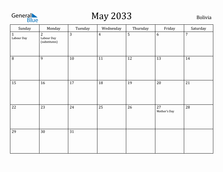 May 2033 Calendar Bolivia