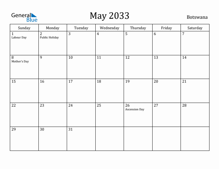 May 2033 Calendar Botswana