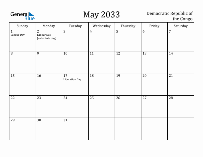 May 2033 Calendar Democratic Republic of the Congo