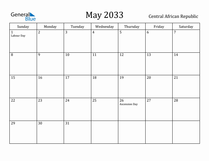 May 2033 Calendar Central African Republic