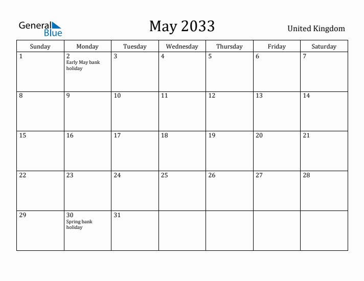 May 2033 Calendar United Kingdom