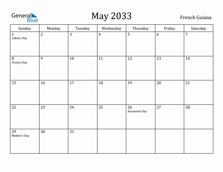 May 2033 Calendar French Guiana