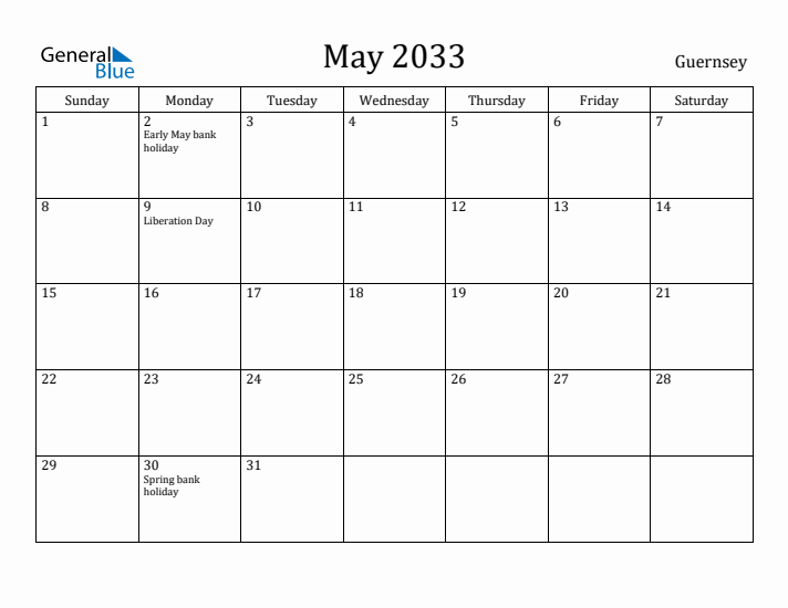 May 2033 Calendar Guernsey