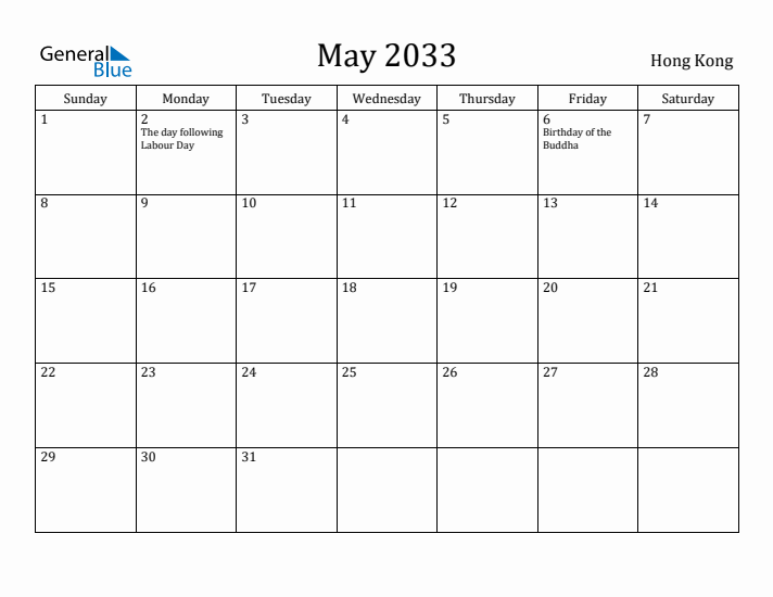 May 2033 Calendar Hong Kong