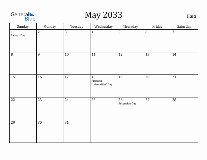 May 2033 Calendar Haiti