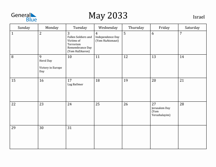 May 2033 Calendar Israel