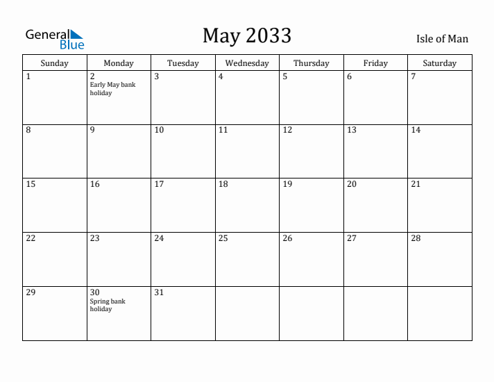 May 2033 Calendar Isle of Man