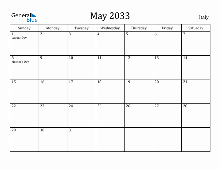 May 2033 Calendar Italy