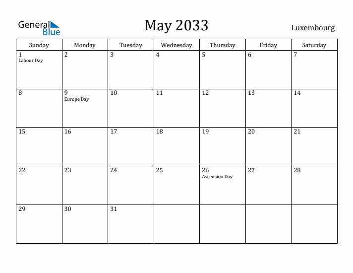 May 2033 Calendar Luxembourg