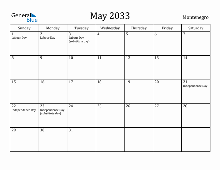 May 2033 Calendar Montenegro