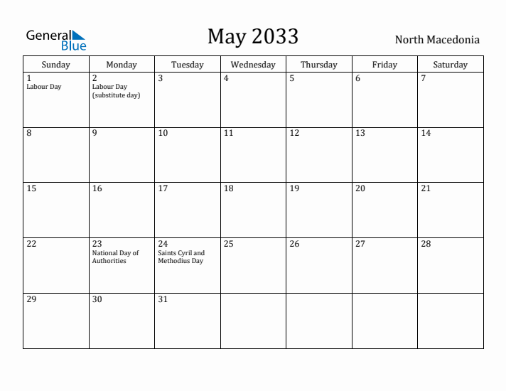 May 2033 Calendar North Macedonia