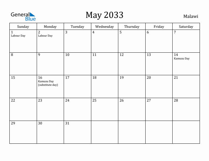 May 2033 Calendar Malawi