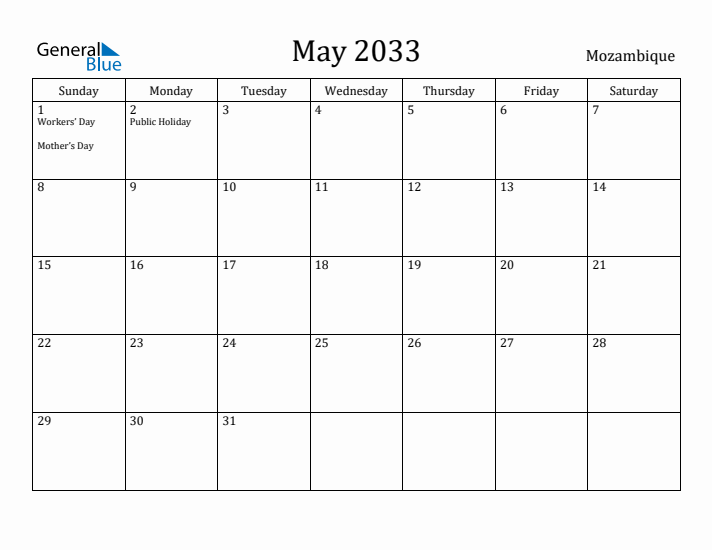 May 2033 Calendar Mozambique