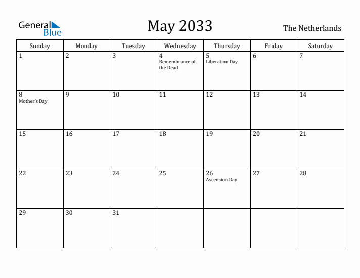May 2033 Calendar The Netherlands