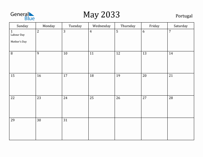 May 2033 Calendar Portugal