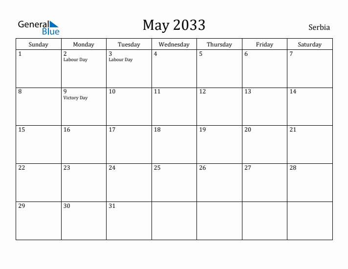 May 2033 Calendar Serbia