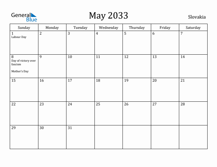 May 2033 Calendar Slovakia