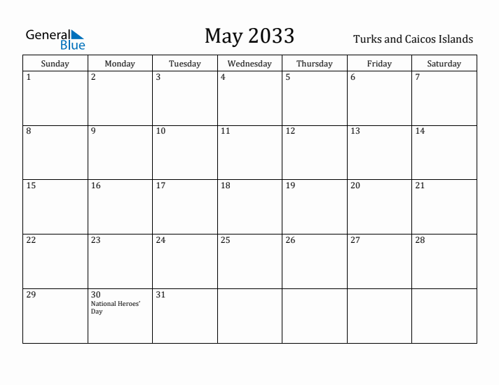 May 2033 Calendar Turks and Caicos Islands