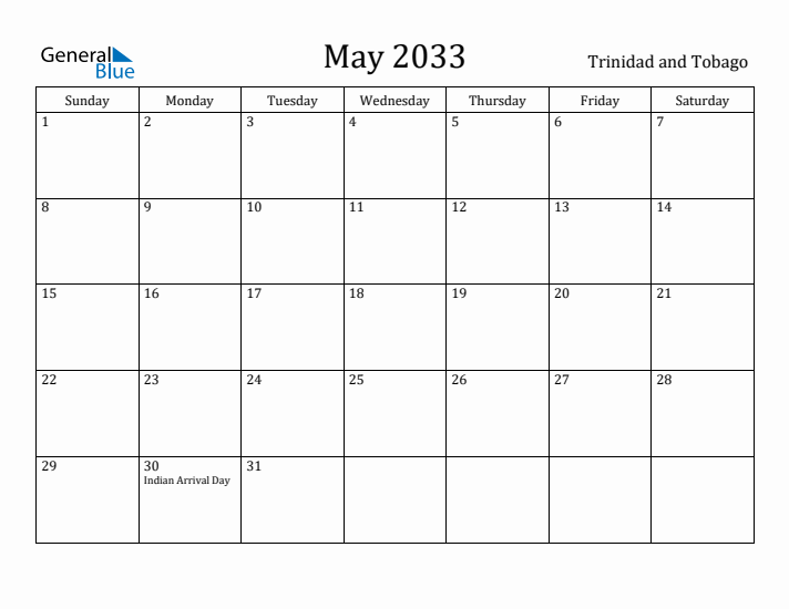 May 2033 Calendar Trinidad and Tobago