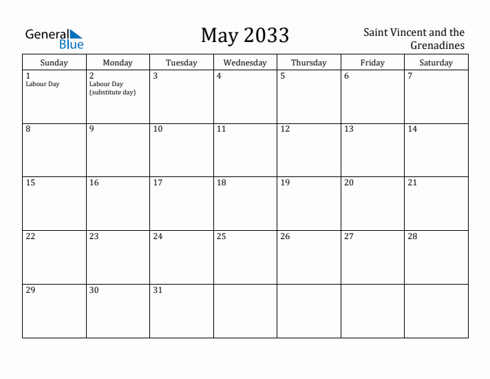 May 2033 Calendar Saint Vincent and the Grenadines