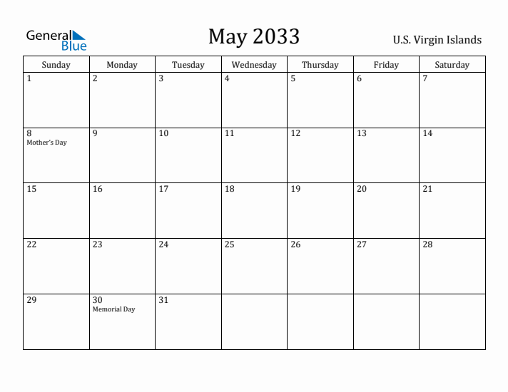 May 2033 Calendar U.S. Virgin Islands