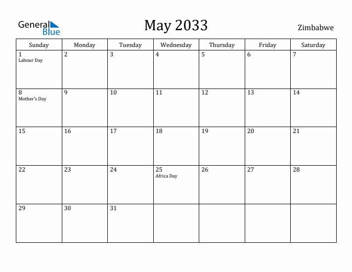 May 2033 Calendar Zimbabwe