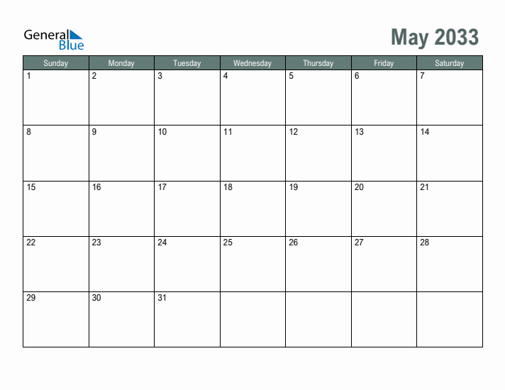 Free Printable May 2033 Calendar