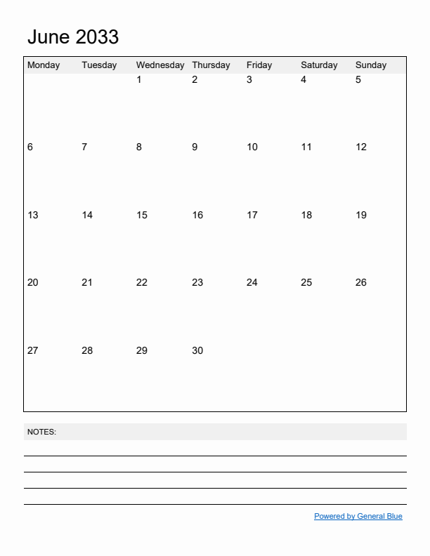 Basic Monthly Calendar Template for June 2033