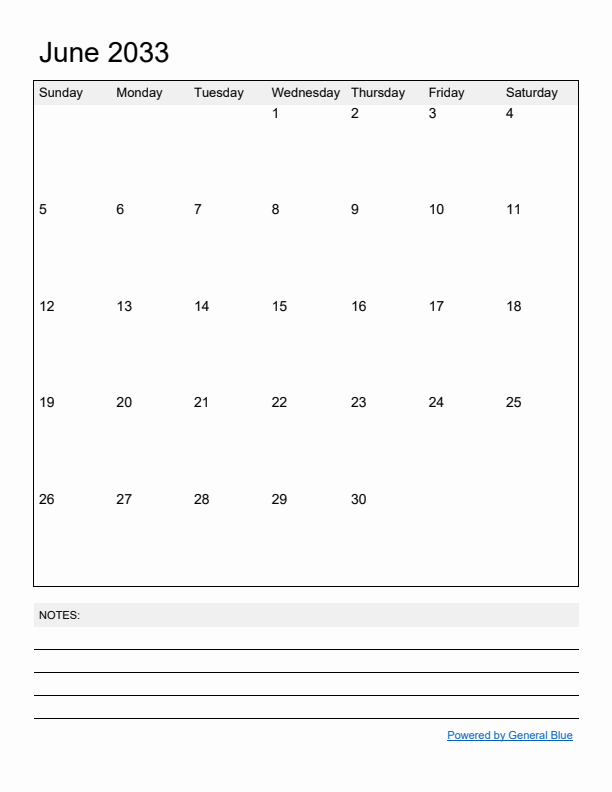 Basic Monthly Calendar Template for June 2033