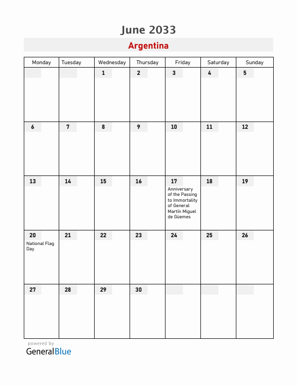 Argentina June 2033 Calendar with Holidays
