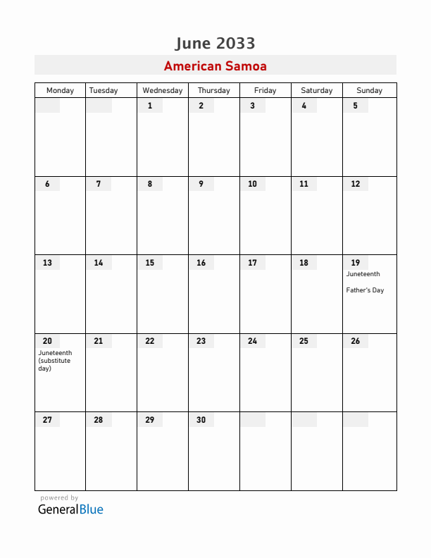 American Samoa June 2033 Calendar with Holidays