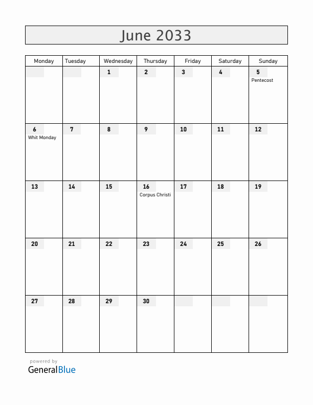 Austria June 2033 Calendar with Holidays