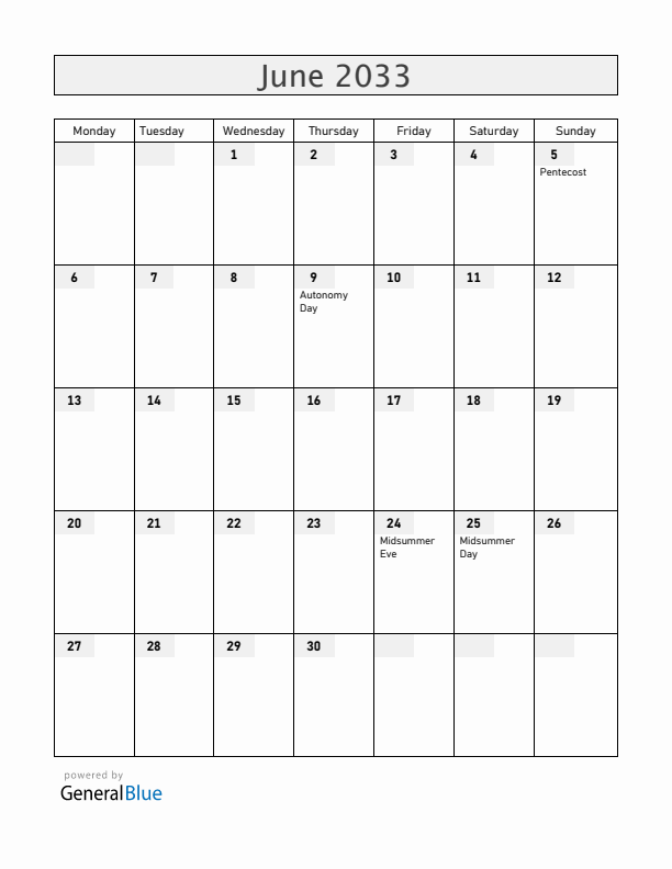 Aland Islands June 2033 Calendar with Holidays