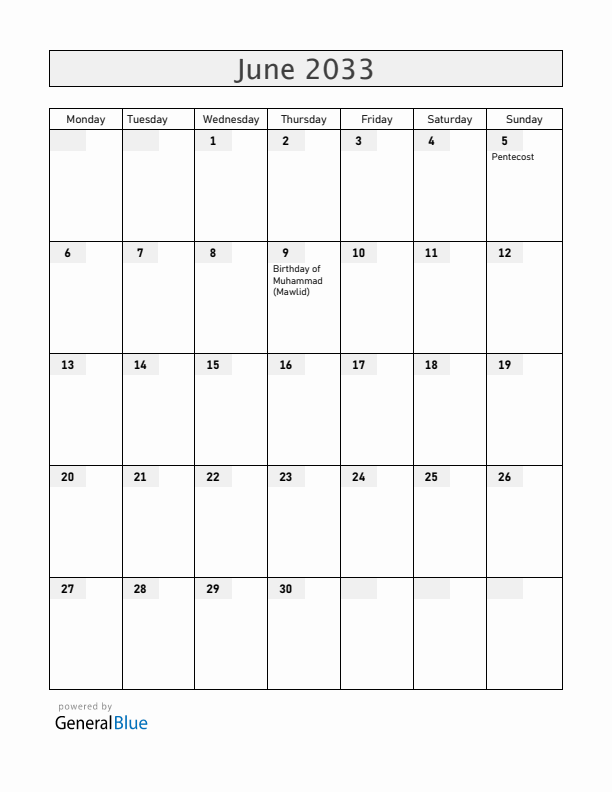 Burkina Faso June 2033 Calendar with Holidays