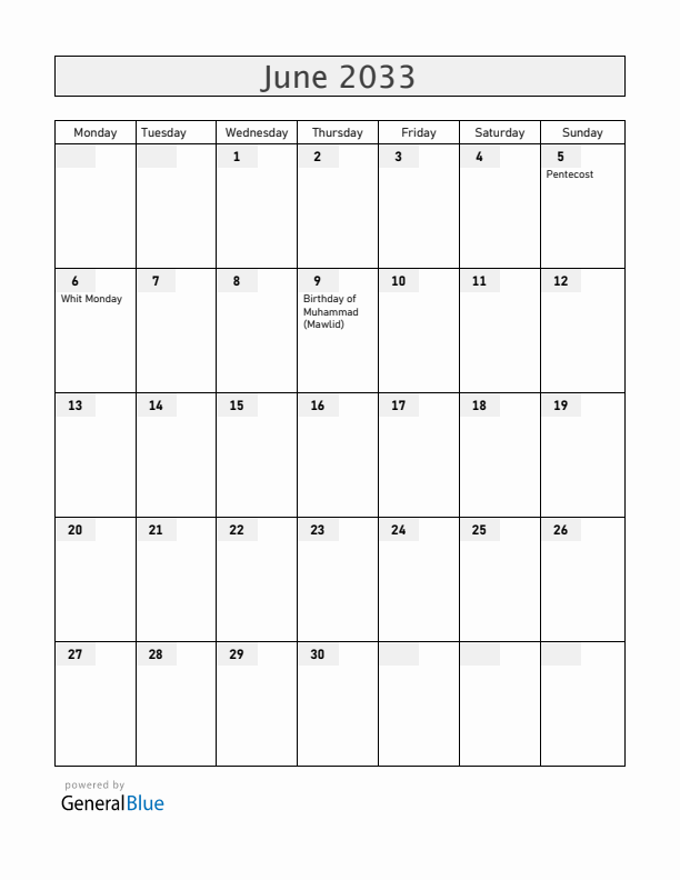 Benin June 2033 Calendar with Holidays