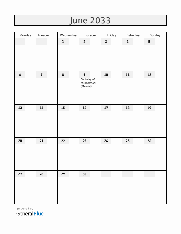 Brunei June 2033 Calendar with Holidays