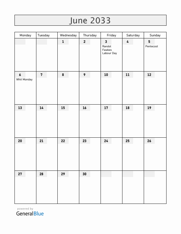Bahamas June 2033 Calendar with Holidays