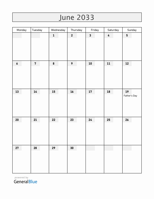 Canada June 2033 Calendar with Holidays