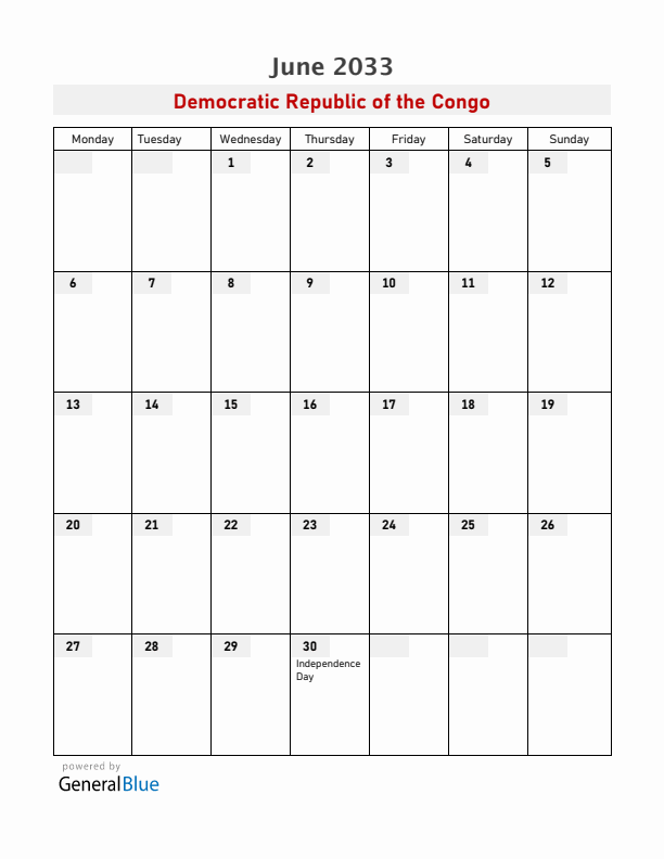 Democratic Republic of the Congo June 2033 Calendar with Holidays