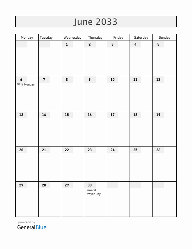 Central African Republic June 2033 Calendar with Holidays