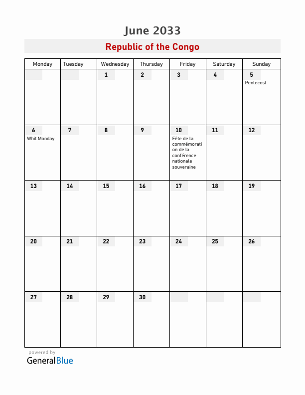 Republic of the Congo June 2033 Calendar with Holidays