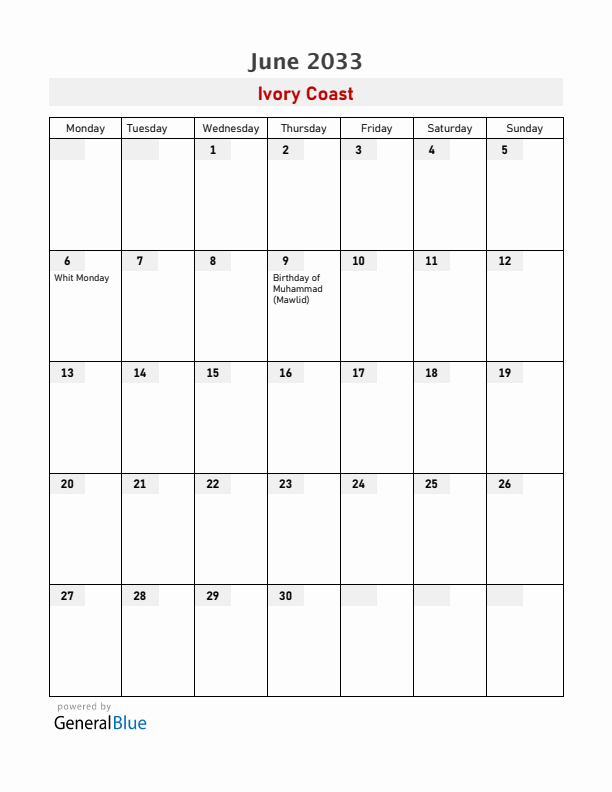 Ivory Coast June 2033 Calendar with Holidays