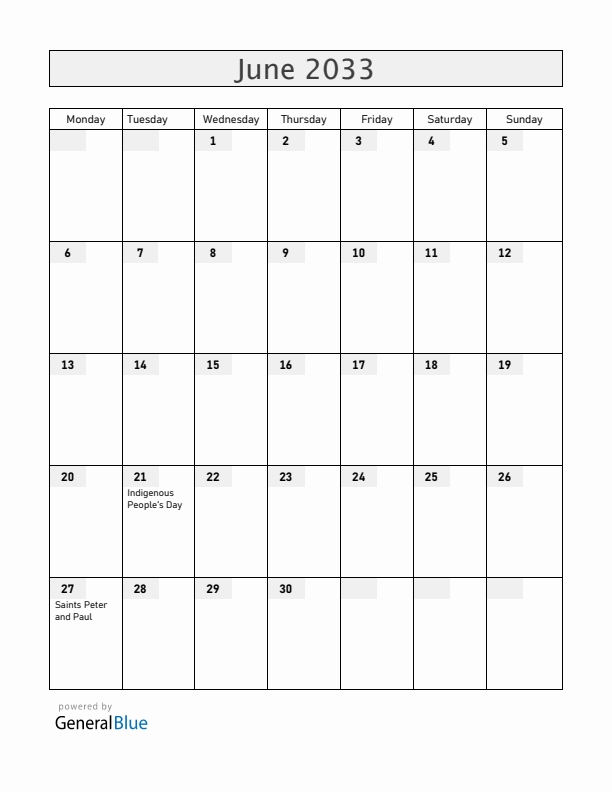 Chile June 2033 Calendar with Holidays