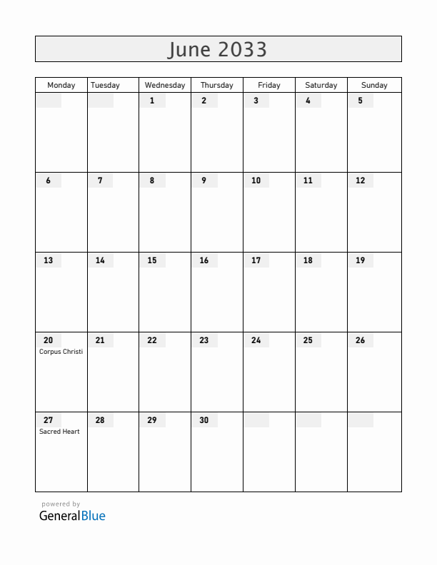 Colombia June 2033 Calendar with Holidays