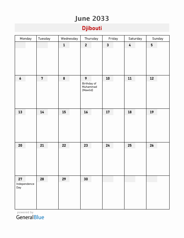 Djibouti June 2033 Calendar with Holidays