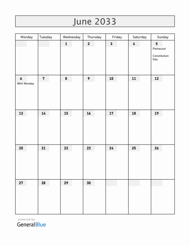 Denmark June 2033 Calendar with Holidays