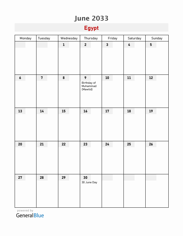 Egypt June 2033 Calendar with Holidays