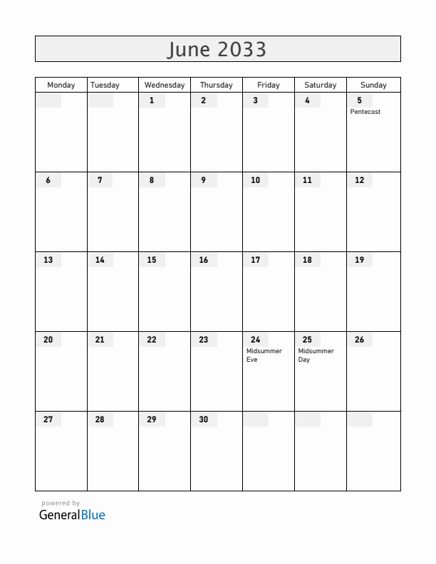 Finland June 2033 Calendar with Holidays