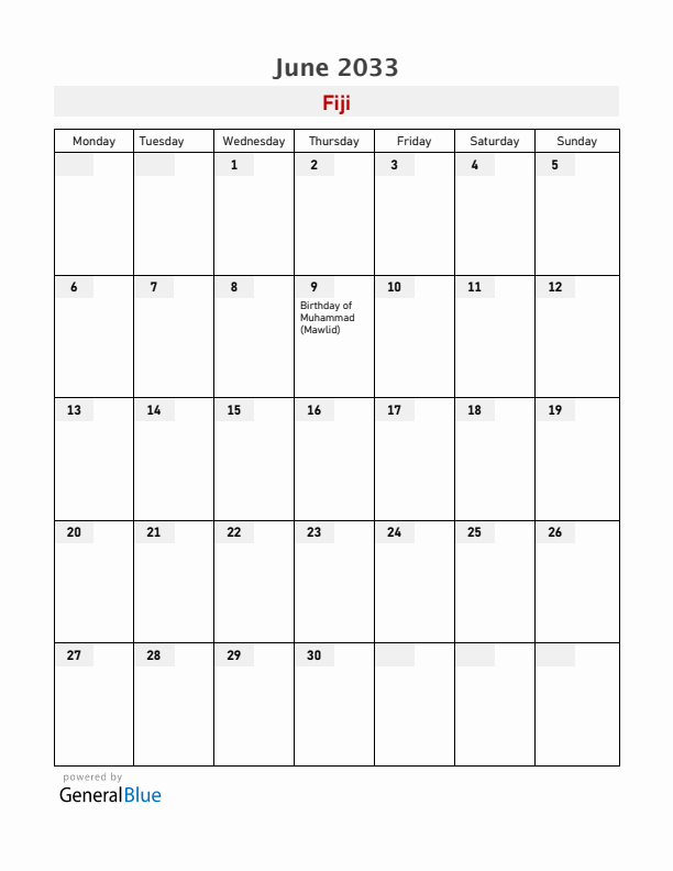 Fiji June 2033 Calendar with Holidays