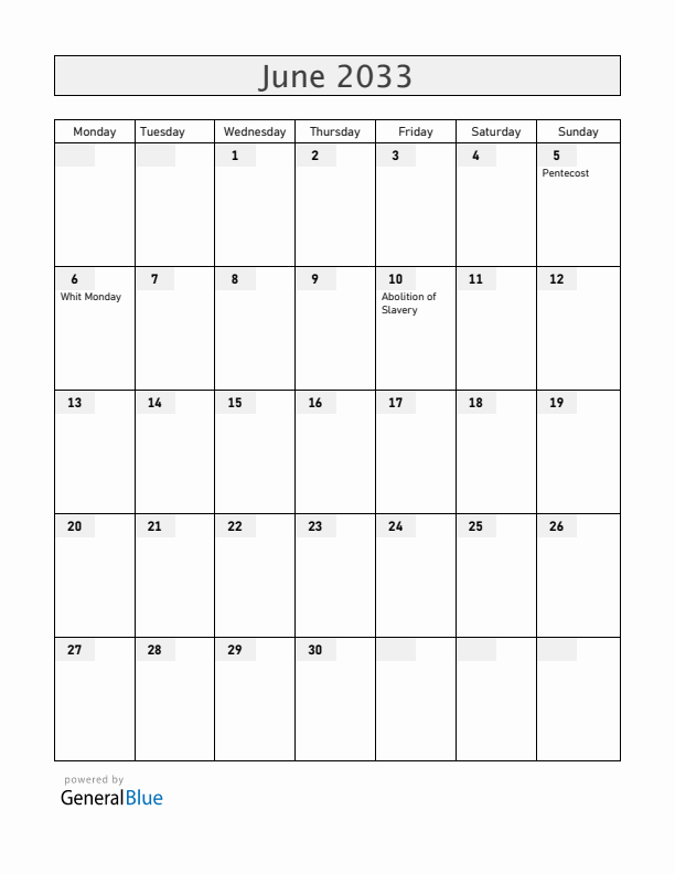 French Guiana June 2033 Calendar with Holidays